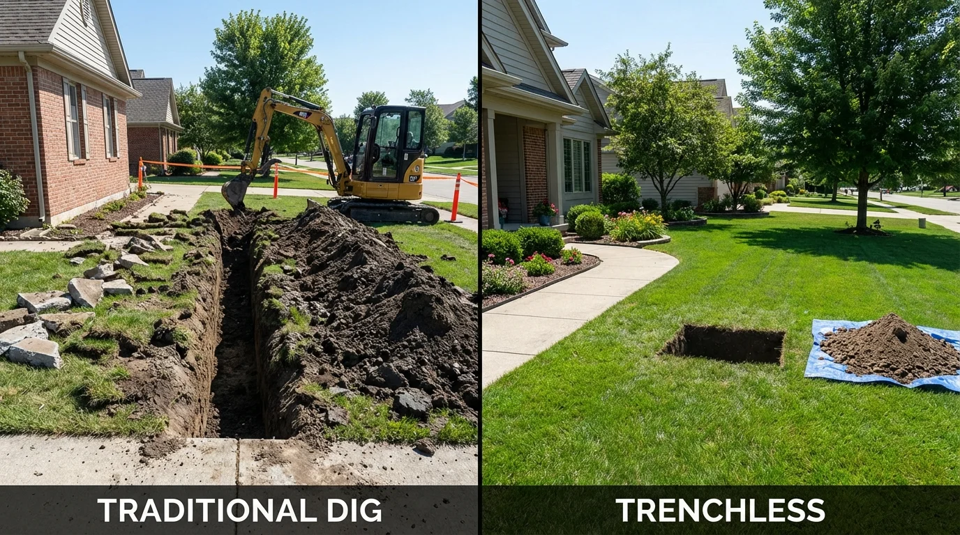Trenchless sewer repair with minimal yard damage versus traditional excavation in Nappanee, IN