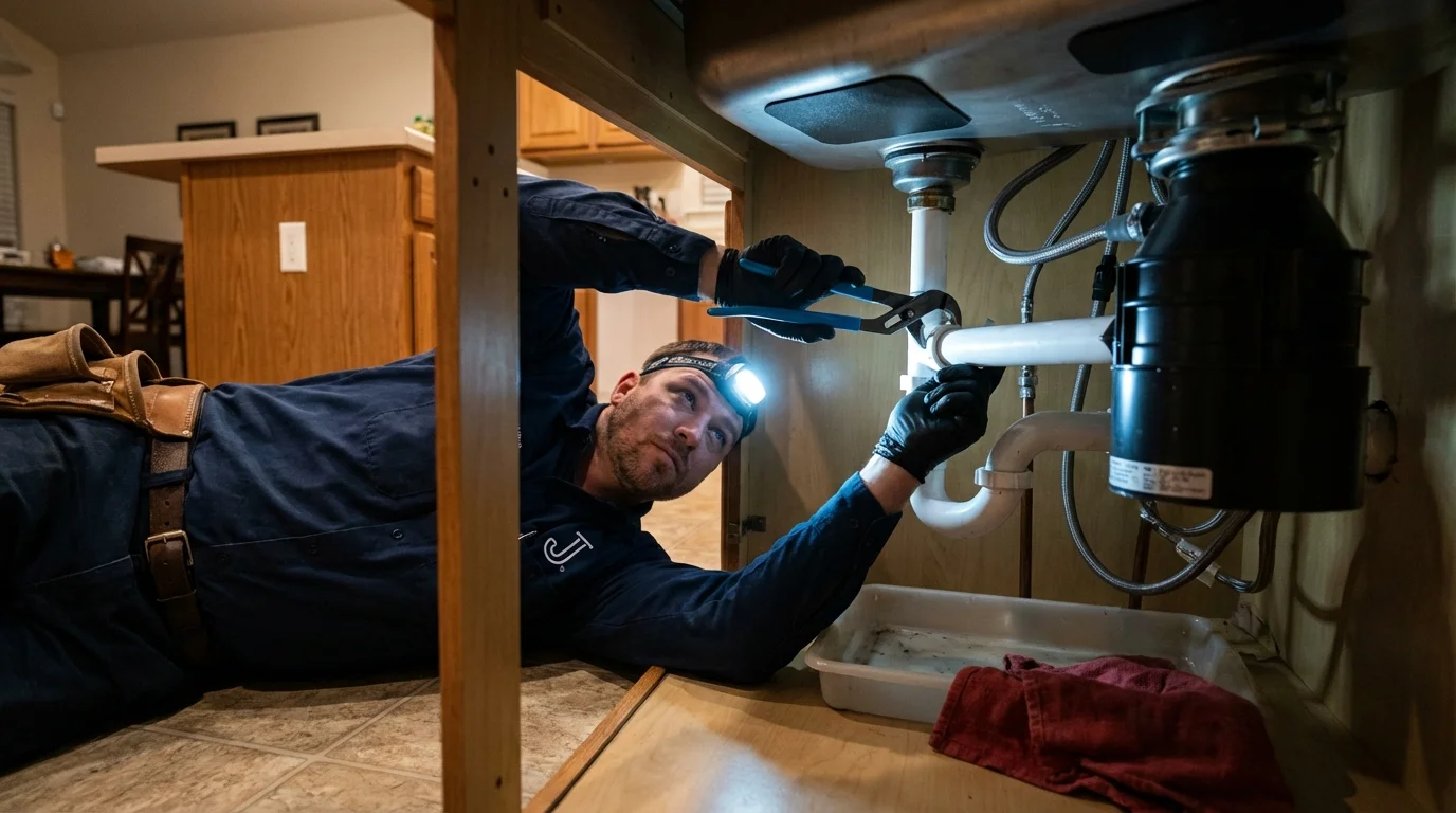 P-trap and supply line connections under a kitchen sink showing a common leak point in Nappanee, IN